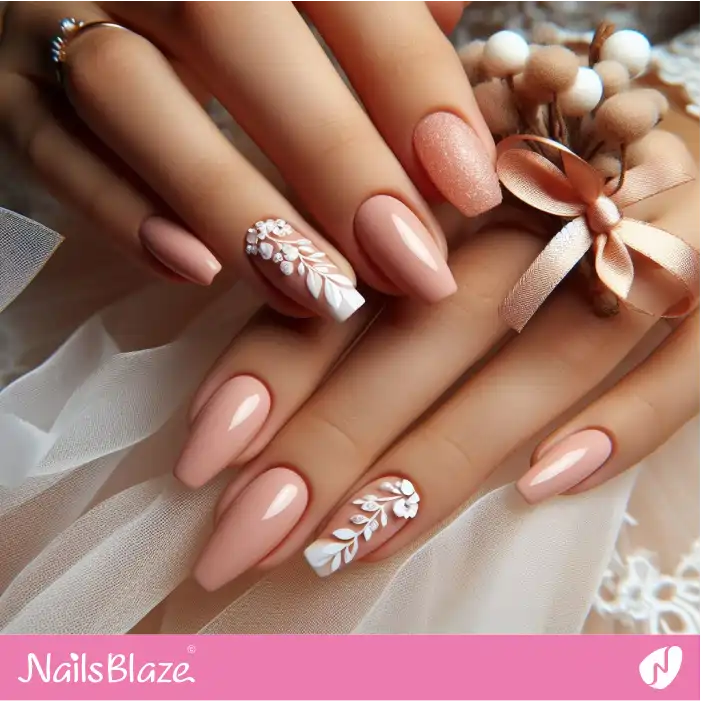 Wedding Peach Fuzz Nails with 3D Leaves | Nature-inspired Nails - NB1675